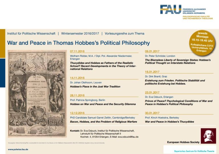 16. Januar 2017 – nächster Vortrag in der Reihe „War and Peace in Thomas Hobbes’s Political Philosophy“