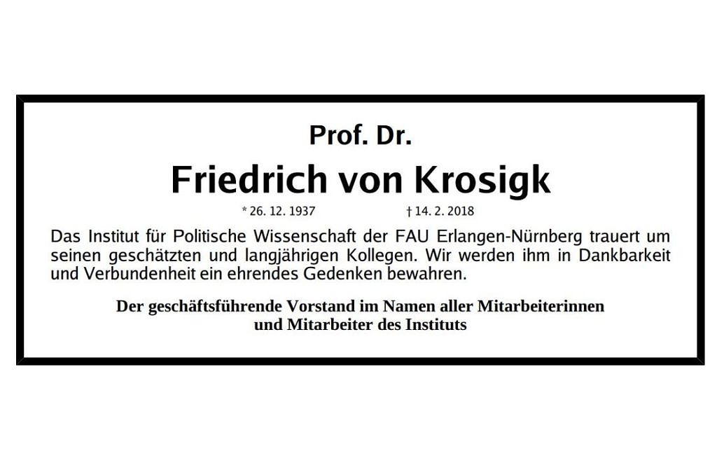 Das Institut trauert um Prof. Dr. Friedrich von Krosigk Institut für