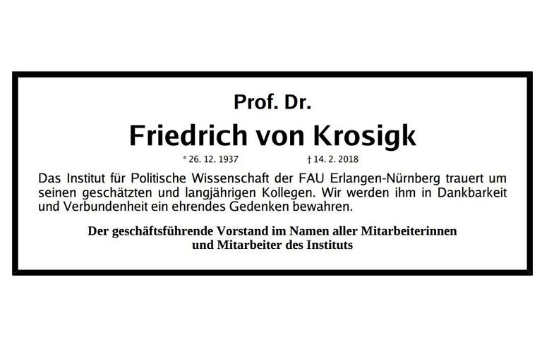 Das Institut trauert um Prof. Dr. Friedrich von Krosigk